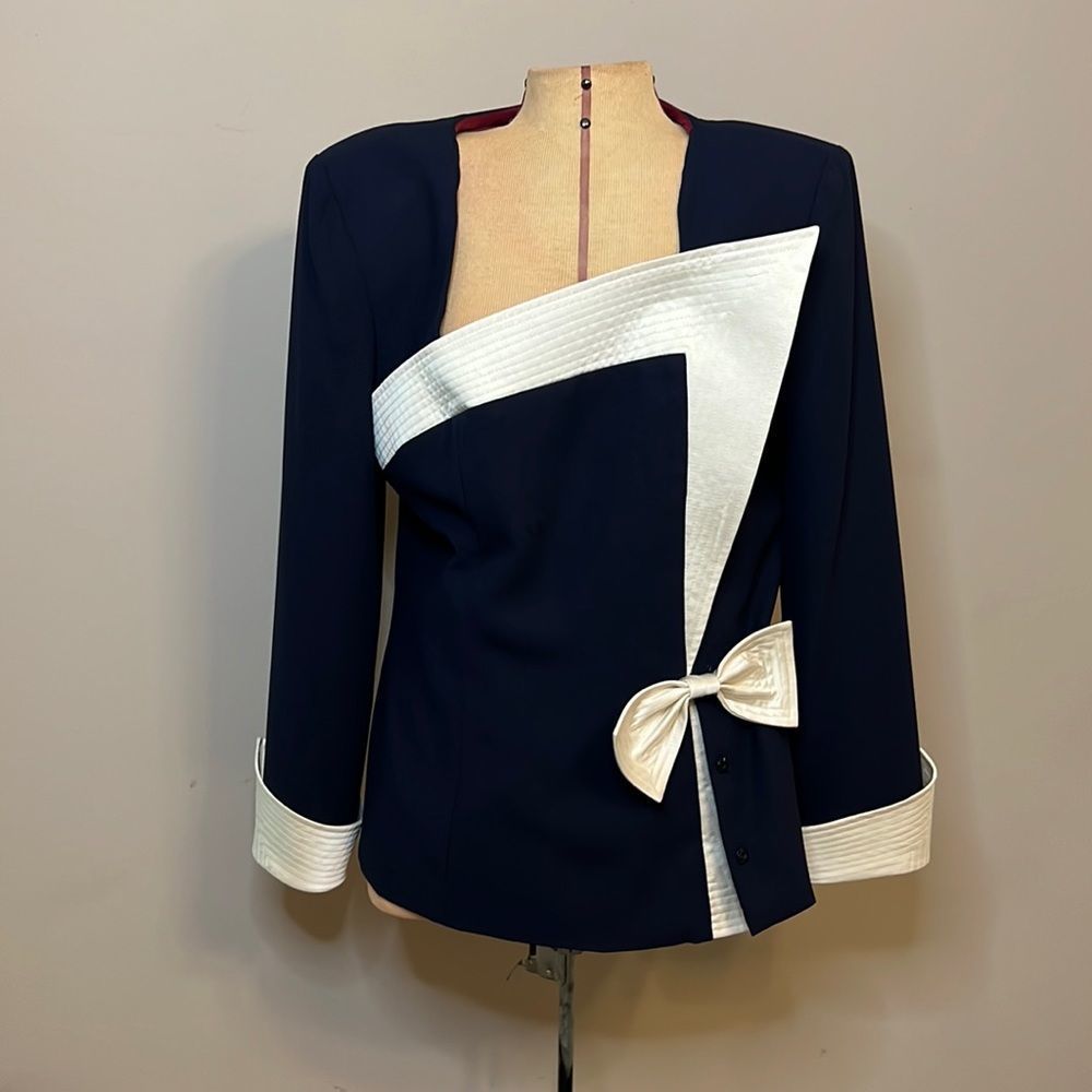 Vintage Karen Laurence Navy & White Asymmetric Front Bow Trim Jacket - Size 10